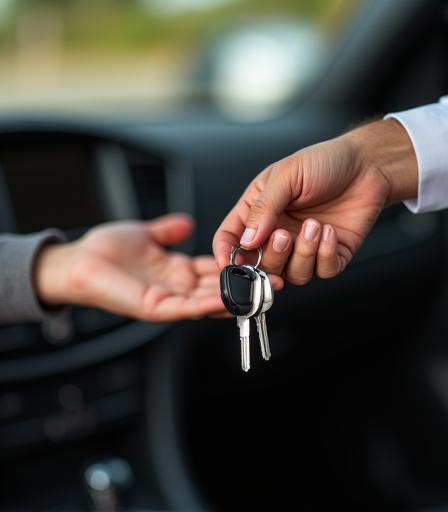 Happy customer receiving keys to their freshly detailed car from Crystal Clean staff