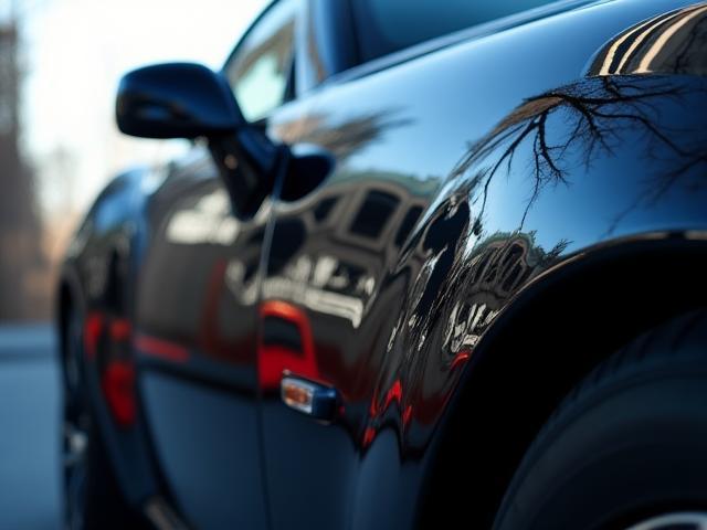 Polished black car exterior reflecting surroundings - Crystal Clean Auto Services