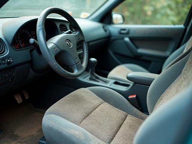 Car interior before detailing - dirty seats and dashboard